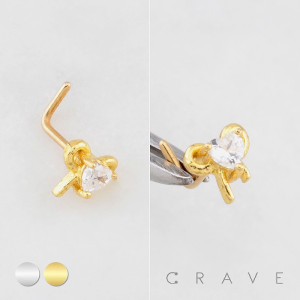 RIBBON HEART WITH BEZEL CZ 316L SURGICAL STEEL L-SHAPE NOSE RING